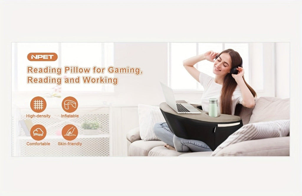 Reading Pillow with Armrests Ergonomic Bed Rest Pillow Back Support Cushion Side Pockets Cup Holder Washable Cover for Gaming Reading Working Sofa Bed Black Grey