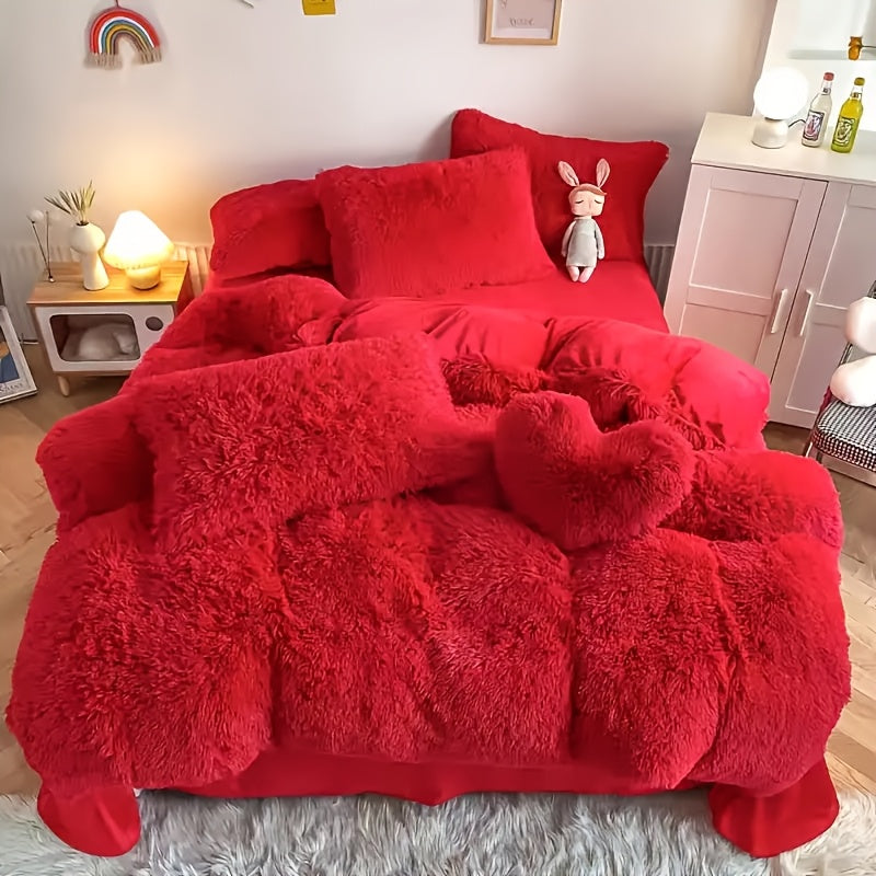Faux Fur Duvet Cover Set Twin Queen King Super Soft Plush Comforter Cover with Pillowcases Heart Pillow for Kids Teens Machine Washable Bedroom Decor