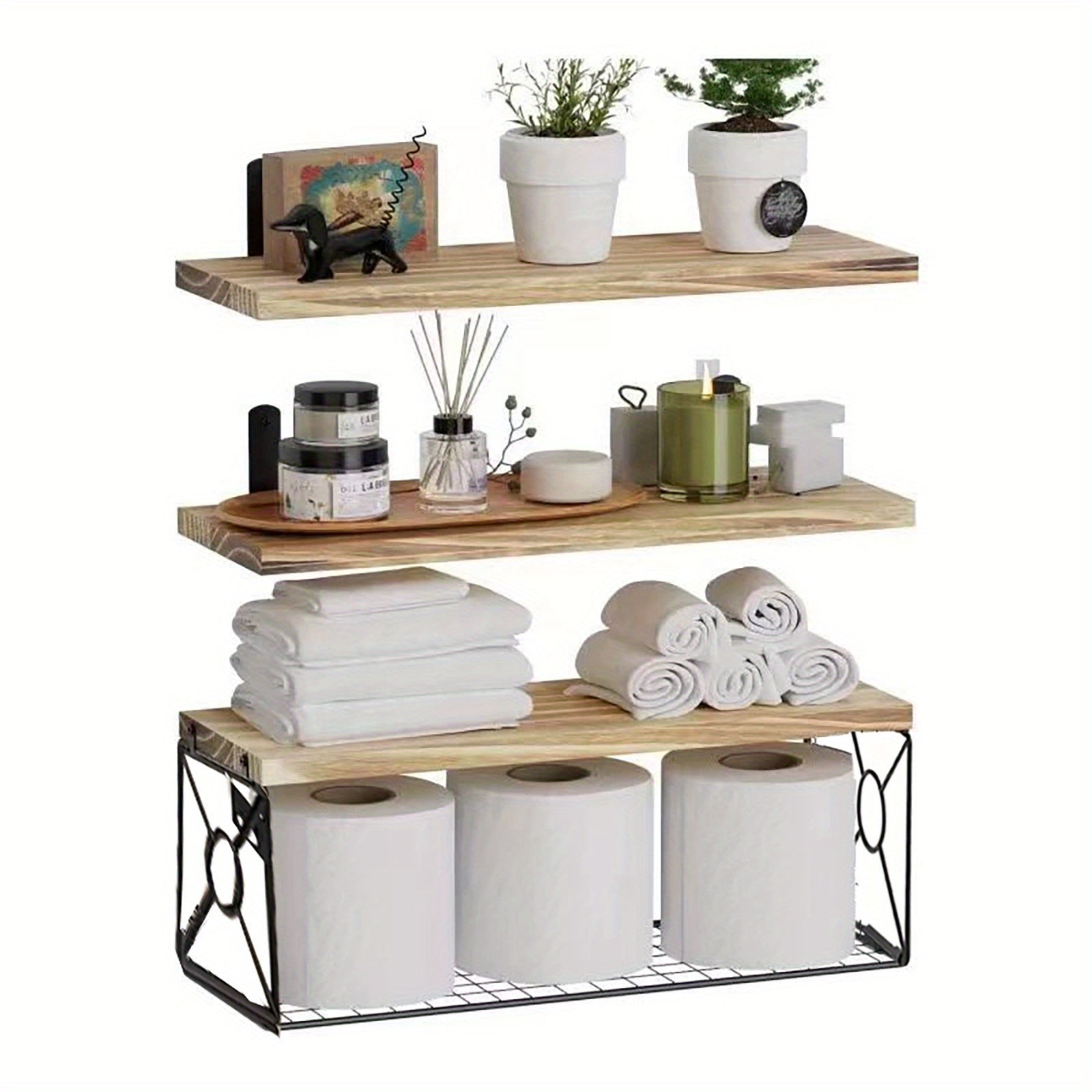Floating Shelves Over Toilet 3-Piece Set | Farmhouse Bathroom Wall Mounted Storage Shelf for Toilet Paper, Towels & Decor ¨C Black, Brown, Burlywood