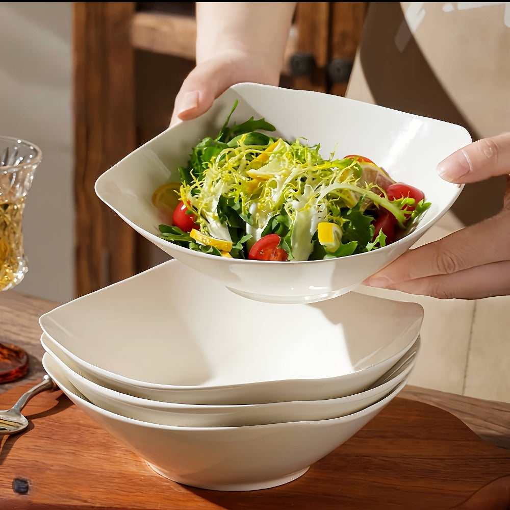 Salad Bowl and Plate Set 4/8/16 Piece ¨C Reusable White PP Plastic Microwave Safe Stackable Lightweight Tableware for Picnic Outdoor Party Wedding Hotel Camping Dessert Cold Dish Serving