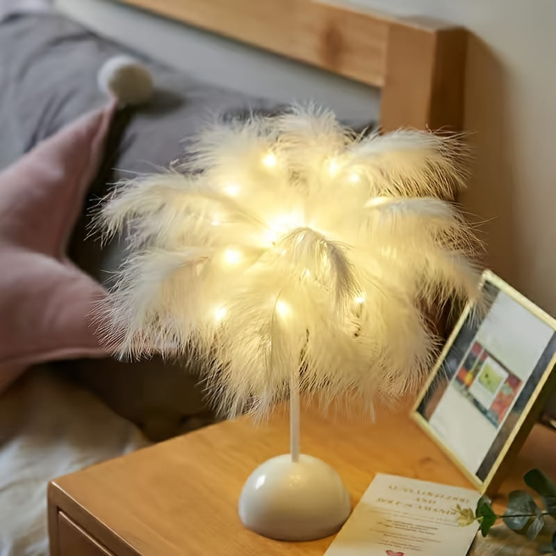 Feather LED Table Lamp ¨C 40-Head Copper Wire Night Light, Romantic Atmosphere Lamp for Bedroom Living Room, Cute Desk Decor Light for Birthday Valentine's Day Gift (White / Pink, 1pc / 2pcs)
