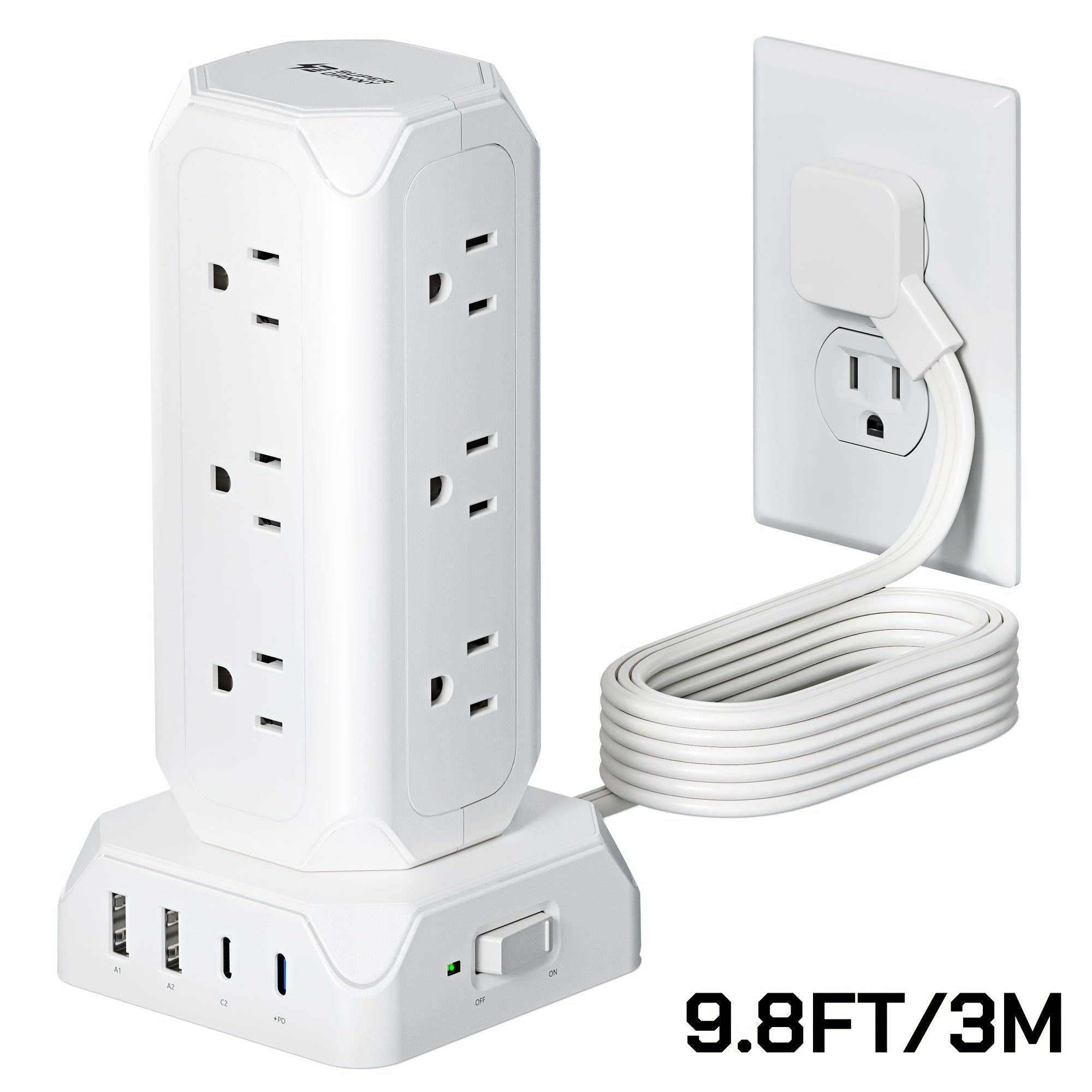 Power Strip Tower 16-in-1 Surge Protector 12 AC Outlets 4 USB Ports USB-C PD20W 1800J Protection Desktop Charging Station 10ft or 15ft Extension Cord for Office School Dorm White