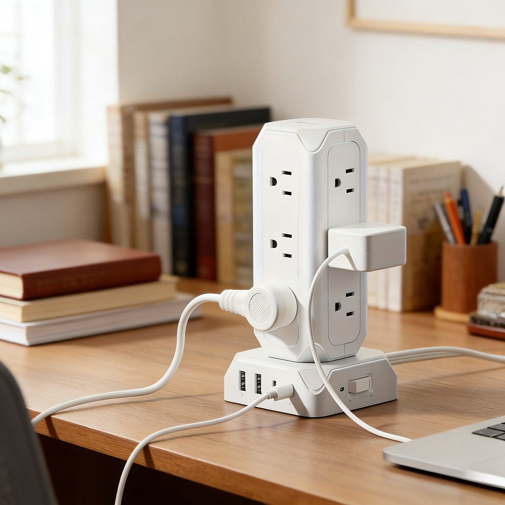 Power Strip Tower 16-in-1 Surge Protector 12 AC Outlets 4 USB Ports USB-C PD20W 1800J Protection Desktop Charging Station 10ft or 15ft Extension Cord for Office School Dorm White