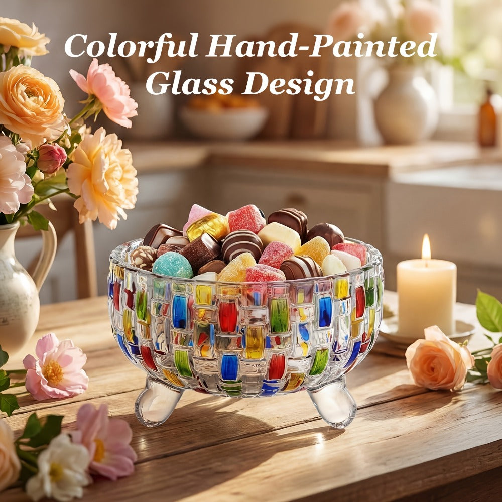 Crystal Glass Candy Dish with Lid & Tongs ¨C Hand-Painted Colorful Candy Box, Jewelry Storage Jar, Christmas Gift for Family & Friends | Elegant Candy Server