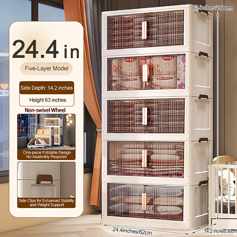 Folding Storage Cabinet with Wheels, 3/4/5-Tier Stackable Plastic Storage Bins with Lids & Magnetic Doors, Foldable Large Organizer with 360¡ã Lockable Wheels for Home Office Kitchen Bathroom Garage
