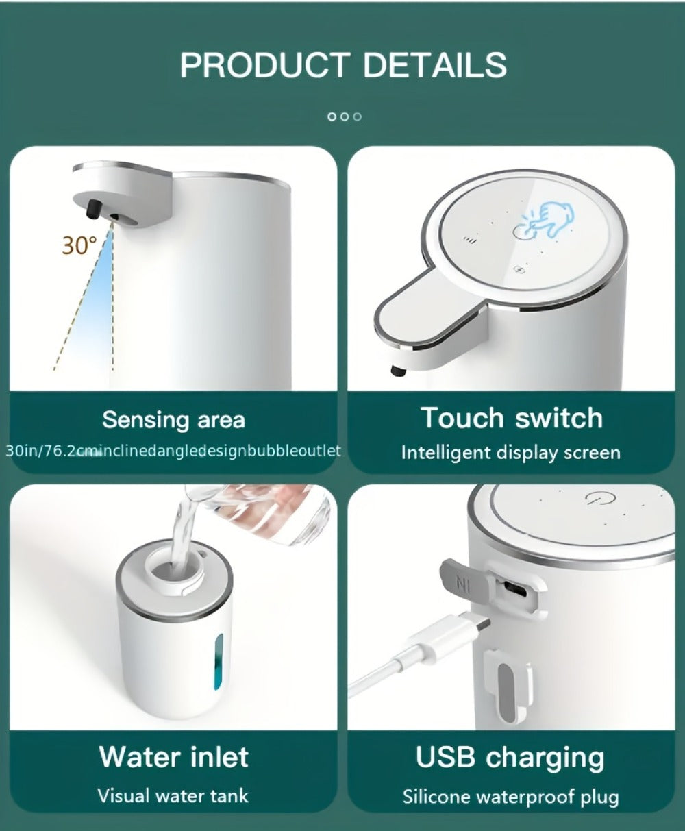 Automatic Foam Soap Dispenser Wall Mount Touchless 400ml USB Rechargeable IPX5 Waterproof 4 Adjustable Levels Sensor Soap Pump for Bathroom Kitchen Sink Office Hotel