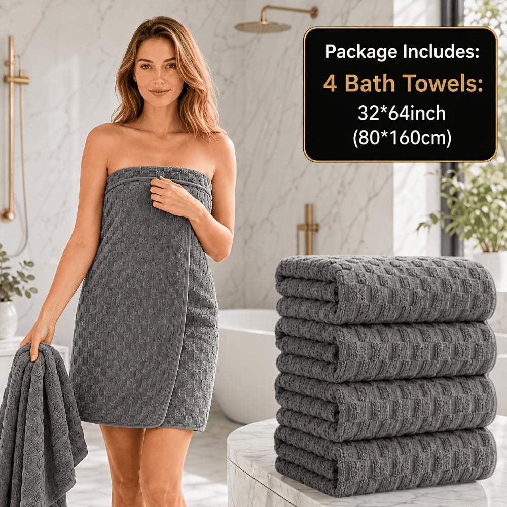 Oversized Bath Towel Set 800GSM 32x64 Inch Extra Large Microfiber - Ultra Soft Quick Dry Striped Spa Grade | Single or 4pcs Random Color | Beige White Light Blue Dark Gray | Modern Coastal Home Gift
