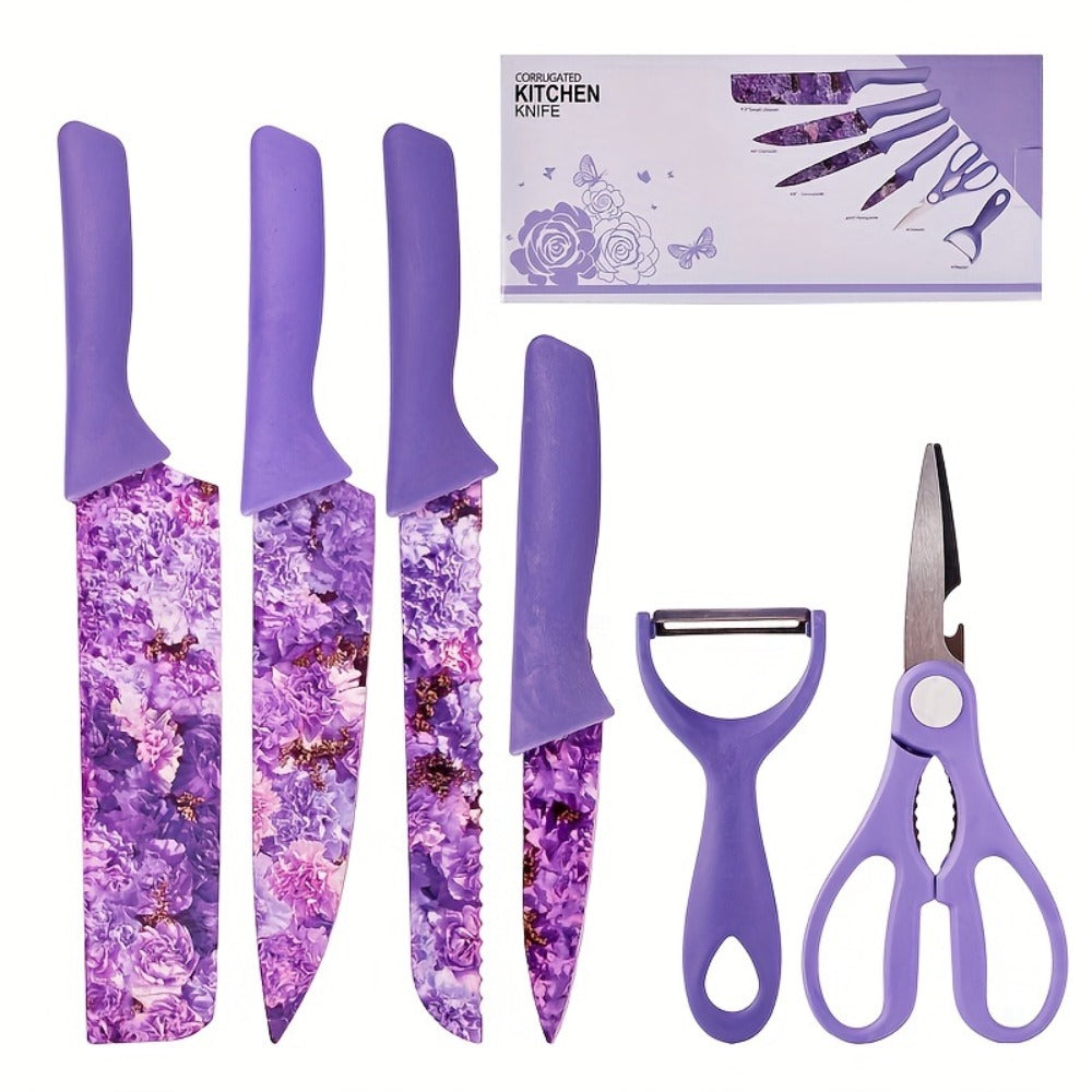Kitchen Knife Set 6 Piece with Floral Pattern, High Carbon Stainless Steel Chef Knife Set with Ergonomic Handle, Sharp Meat Cleaver Bread Knife Scissors Peeler, Colorful Cooking Knife Gift Set for Women Men