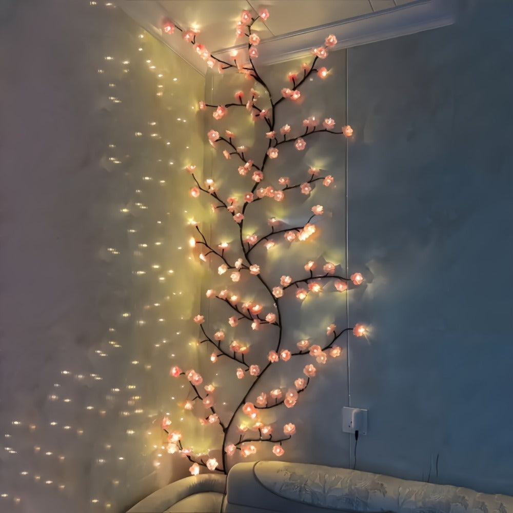 LED Cherry Blossom Chandelier Rattan String Lights USB 8 Modes Indoor Outdoor Holiday Decoration
