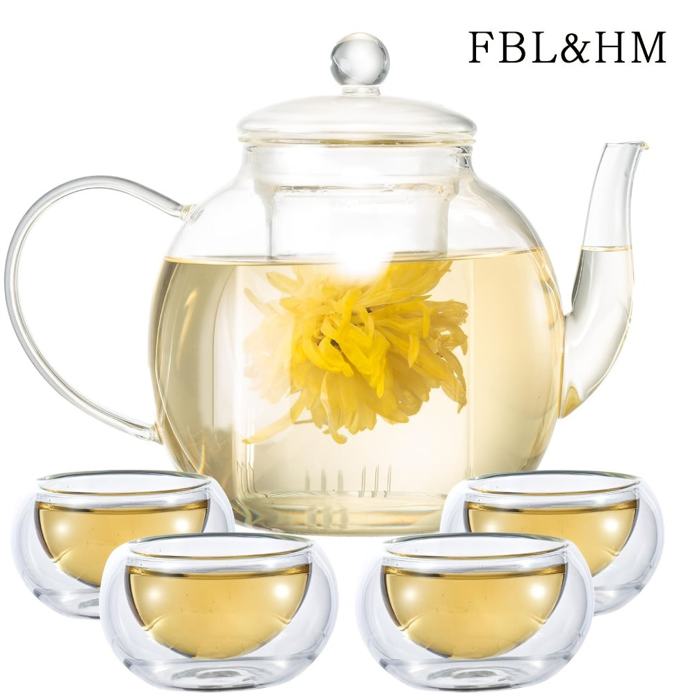 Glass Teapot with Removable Infuser 51oz Borosilicate Clear Tea Kettle Stovetop Safe for Loose Leaf Blooming Herbal & Flower Tea ¨C 1530ml Tea Pot with Optional Teacup Set