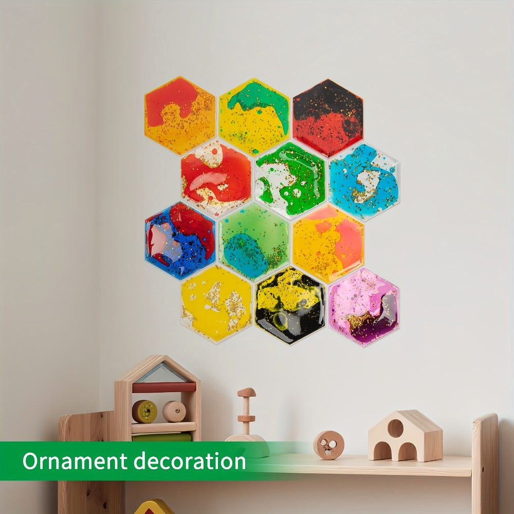 Liquid Tiles Vinyl Flexible Wall Stickers 12-Pack ¨C Geometric Sensory Tiles for Wall & Floor Decor, Stress Relief Fidget Tiles, Square & Hexagon Shapes, 5.9 x 5.9 Inches Each