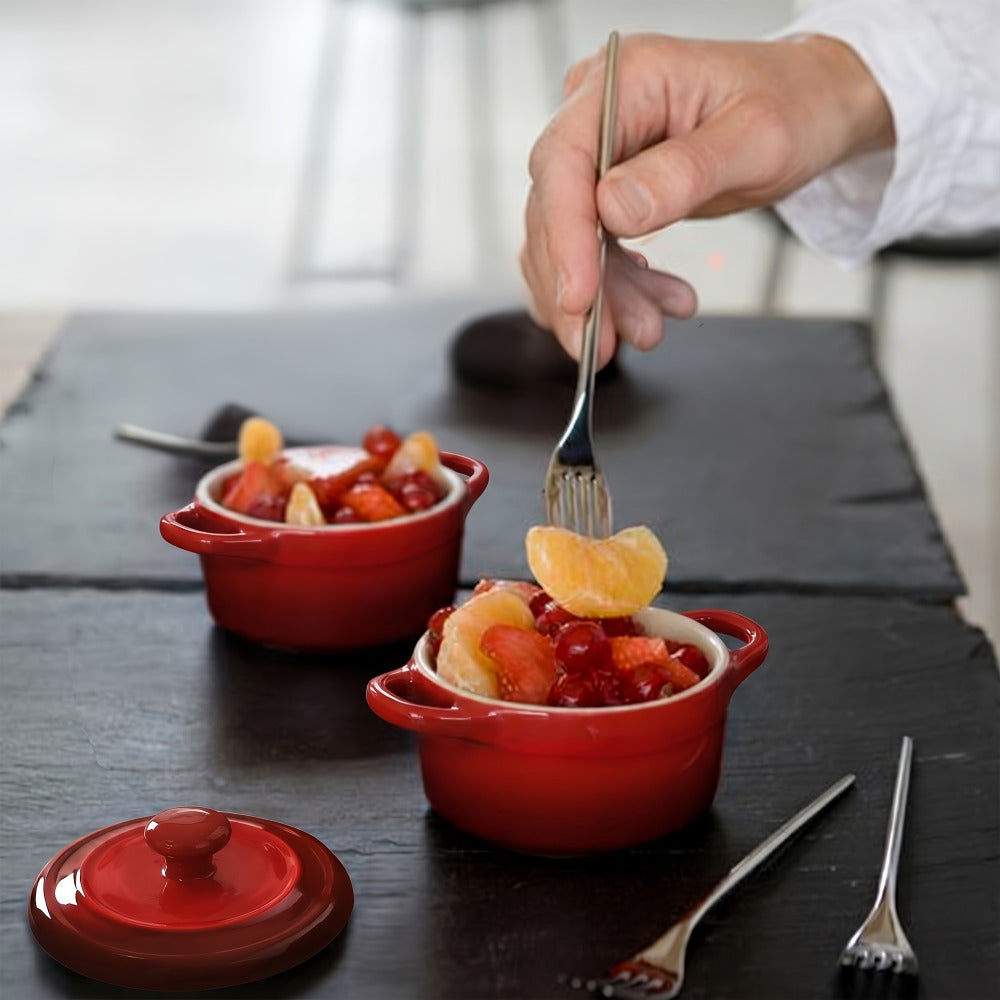 Mini Cocotte Ceramic Casserole Dishes Set of 4 with Lids and Handles - 12oz Oven Safe Baking Ramekins Microwave Dishwasher Safe Cookware