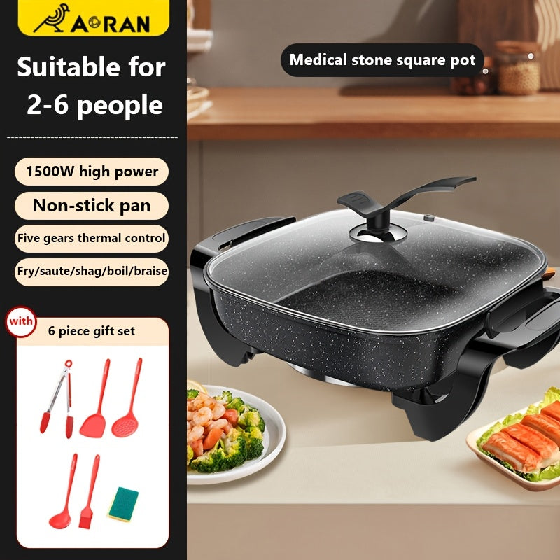 Electric Ceramic Non-Stick Pot 12x12 Inch 1500W Square Skillet with Glass Lid Adjustable Temperature Frying Baking Steaming Boiling Easy Clean Home Kitchen Cookware