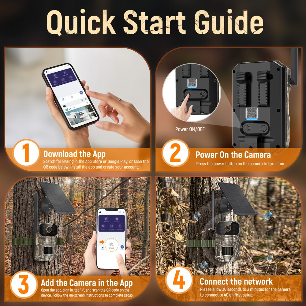 4G LTE Cellular Trail Camera with Solar Panel ¨C 4K Wildlife Monitoring Camera, PIR Motion Sensor, Infrared Night Vision, Two-Way Voice, Remote Access, No WiFi Required, for Hunting & Security (Camo/Brown)