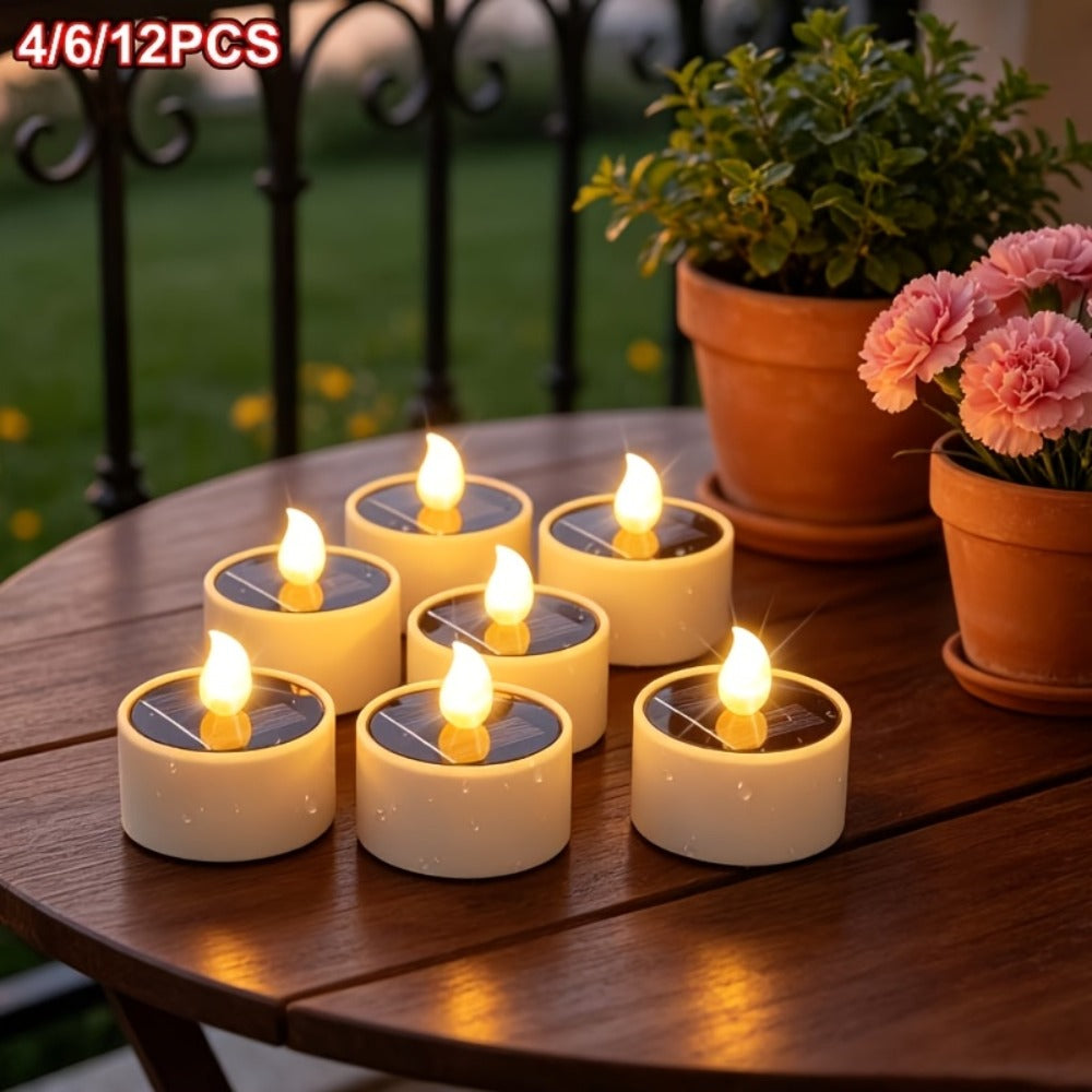Solar Flameless Candles Outdoor Waterproof IP44 LED Tealight with Dusk to Dawn Sensor Flickering Warm Light for Garden Balcony Window Lantern Terrace Decor 4 6 12 Pack