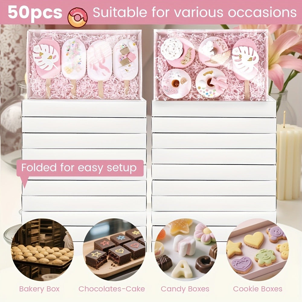 Cookie Boxes with Clear Lids 50pcs - White Bakery Boxes with Window for Macarons, Chocolates, Candy, Pastry - Paper Gift Boxes for Wedding, Christmas, Father's Day, Birthday Party Favors & Professional Baking