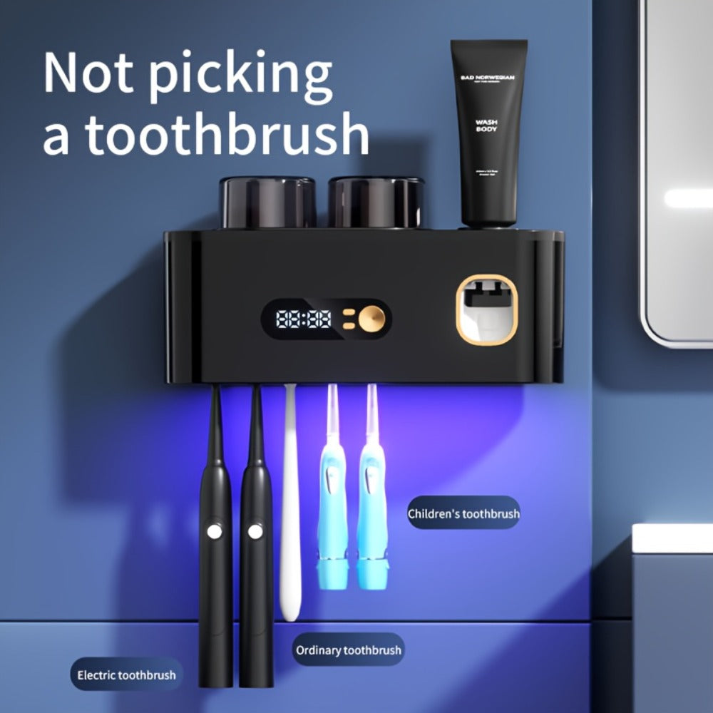 Toothbrush Holder with UV Sterilizer & Automatic Toothpaste Dispenser ¨C 5-Slot Smart Bathroom Organizer with 2 Cups, USB Rechargeable, Clock Display, Durable Plastic Wall Mount for Family Oral Care