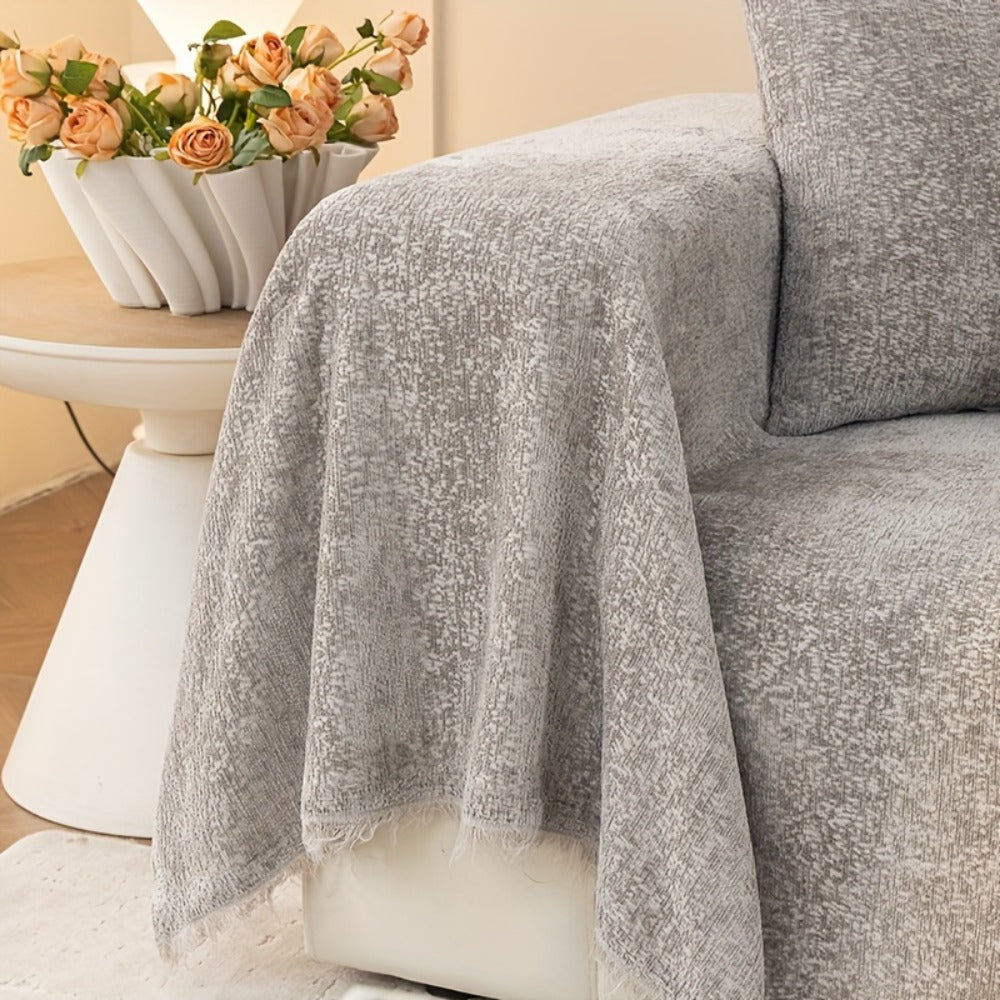 Chenille Sofa Cover with Fringe 300GSM - Super Soft Pet Friendly Solid Couch Slipcover for Single 2 4 Seater Living Room Decoration, 4 Colors