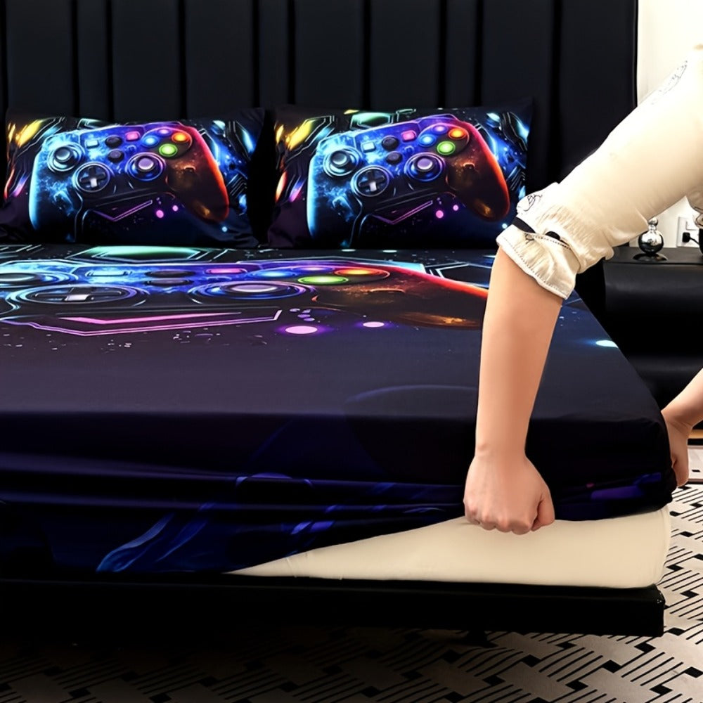 Gaming Bed Sheet Set 3pcs Fitted Sheet + 2 Pillowcases Gamepad Bedding Deep Pocket Machine Washable Boys Girls Dorm Room Decor Gift for Gamers (No Filling)