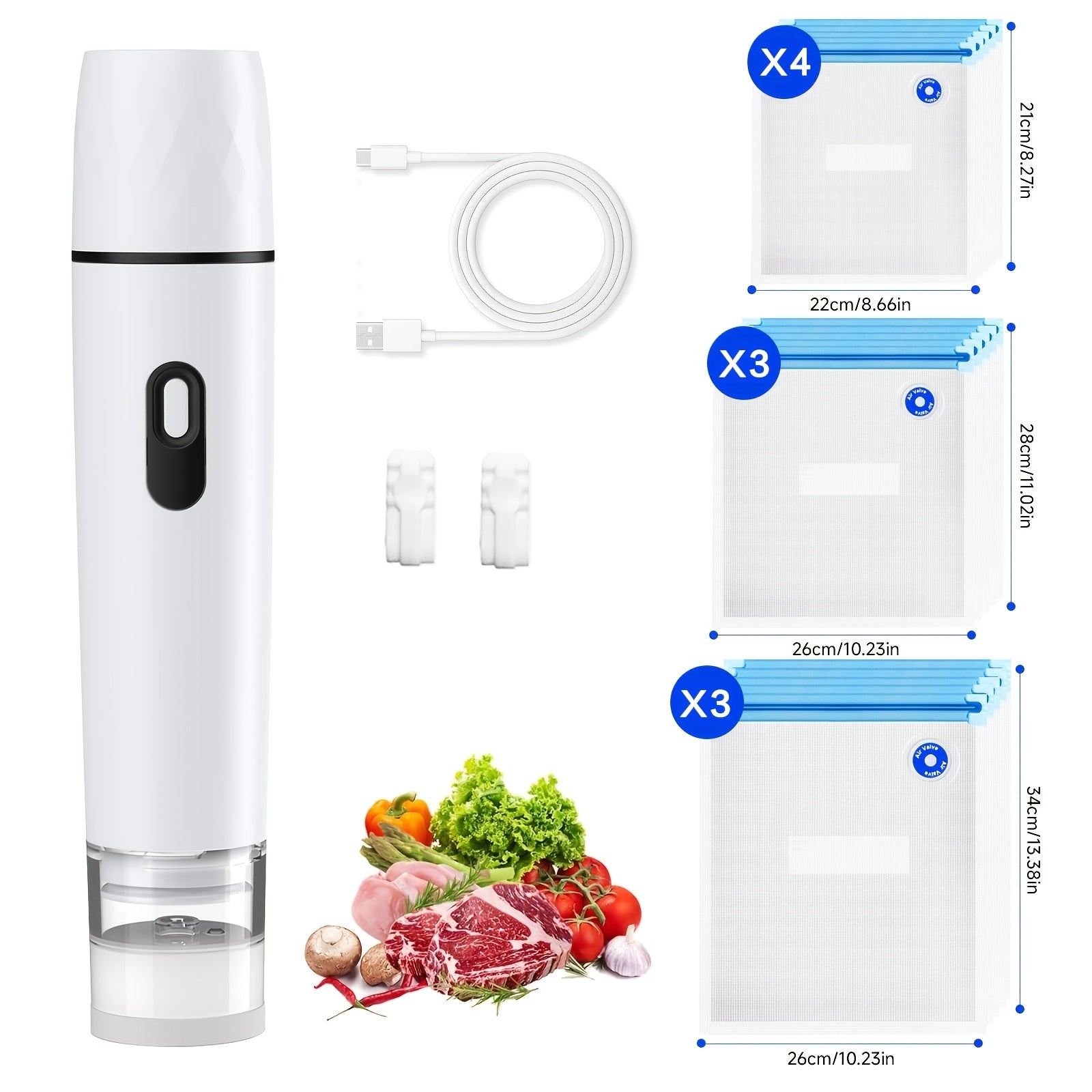 Vacuum Sealing Machine with Reusable Vacuum Bags ¨C Compact Handheld Food Sealer, Portable Meal Storage Device, Powerful Suction, Kitchen Food Preservation Tool with 10 Reusable Bags Included