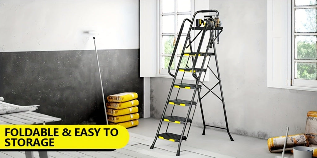 6 Step Ladder with Handrails & Tool Platform 800 LBS ¨C Folding Step Stool Wide Pedal Steel Safety Ladder for Adults, Painting, Home, Garage & Outdoor Use ¨C Auto Safety Lock, Compact Storage