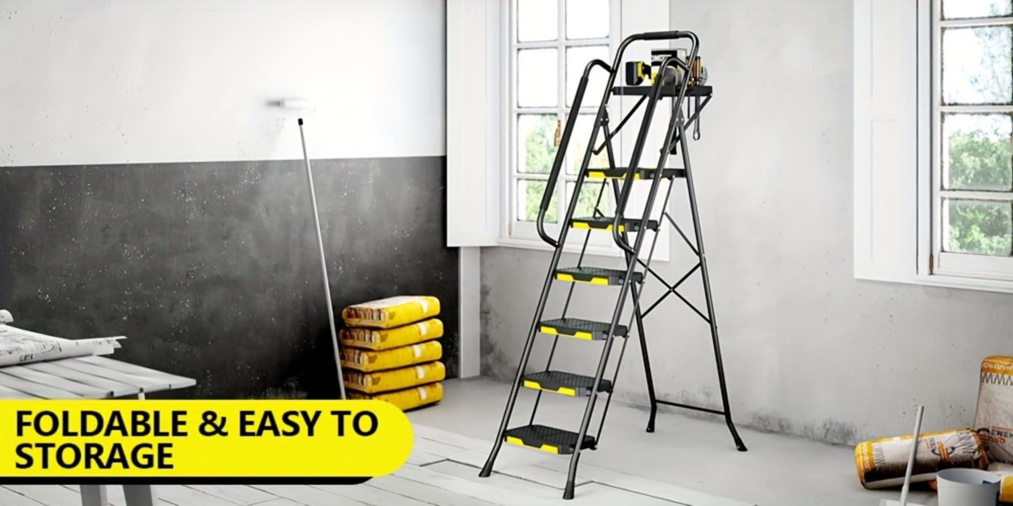6 Step Ladder with Handrails & Tool Platform 800 LBS ¨C Folding Step Stool Wide Pedal Steel Safety Ladder for Adults, Painting, Home, Garage & Outdoor Use ¨C Auto Safety Lock, Compact Storage