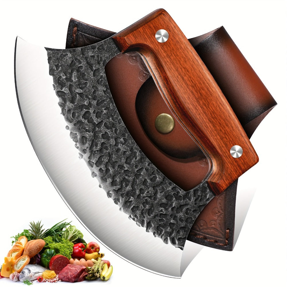 Hand-Forged Ulu Knife Rocker Blade High Carbon Steel Full Tang Rosewood Handle with Leather Sheath & Gift Box, Mezzaluna Chopping Knife for Kitchen Camping BBQ, Chef Gift for Men