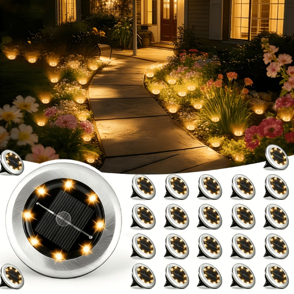 Solar Ground Lights Outdoor LED Path Lights Waterproof - Stainless Steel In-Ground Solar Lights for Lawn Driveway Courtyard Garden Pathway, Warm & Cool White Landscape Lighting Pack Options