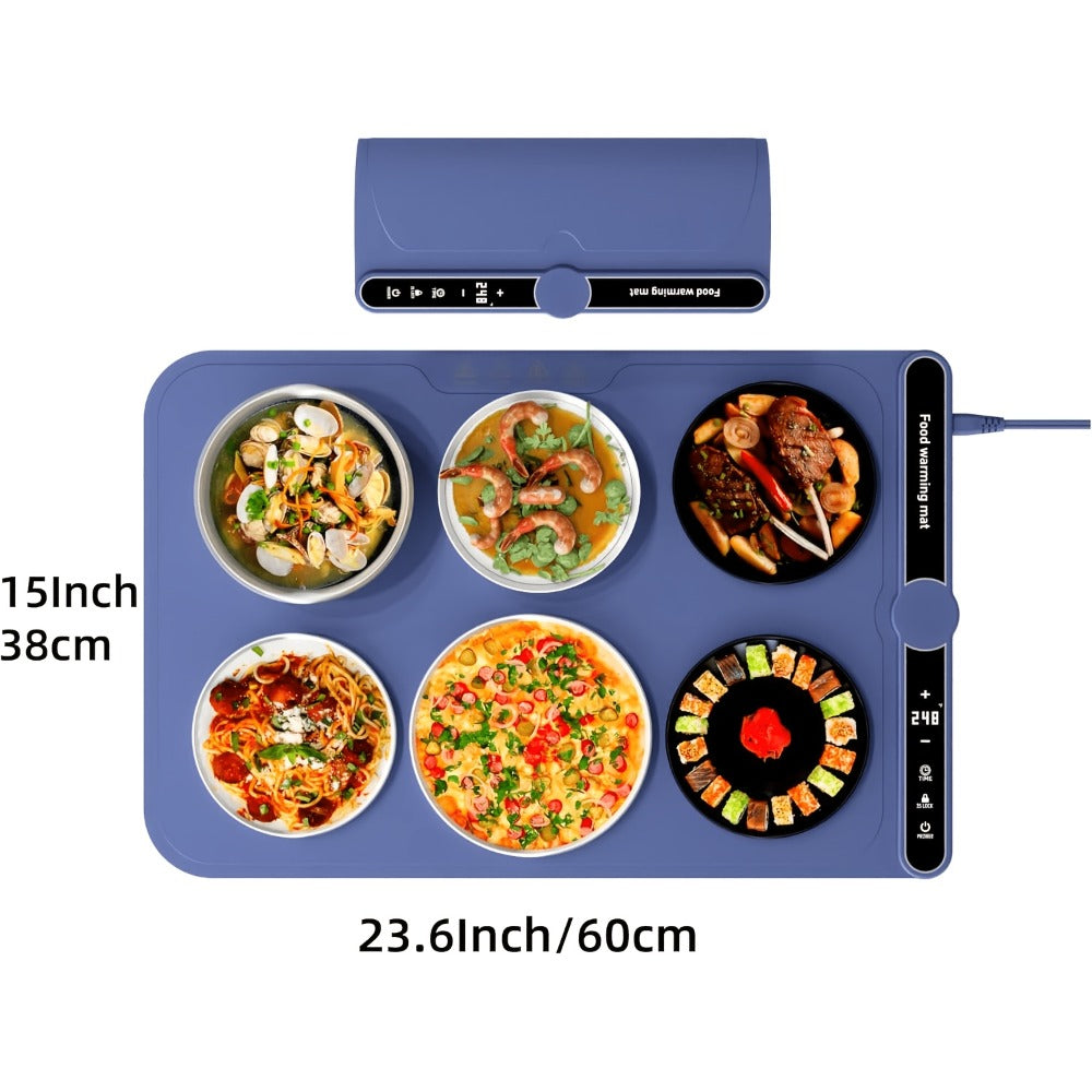 Electric Food Warming Mat with 6 Temperature Levels & 6-Hour Timer ¨C Full Surface Roll-Up Heating Tray for Holiday Parties Buffets Dining Table Keeps Food Warm Blue Beige