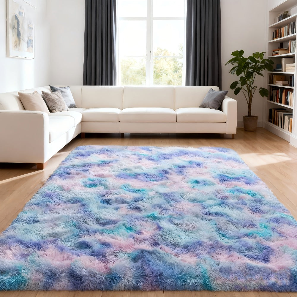 Tie Dye Rainbow Purple Shag Area Rug Non-Slip Machine Washable Carpet Multiple Sizes Living Room Bedroom