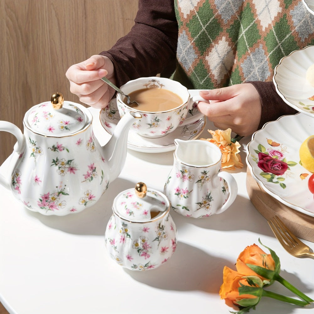 Porcelain Tea Set Service for 6 British Royal Floral Design with Teapot Sugar Bowl Cream Pitcher Teaspoons Tea Strainer 8oz Cups Saucers for High Tea Wedding Party Gift