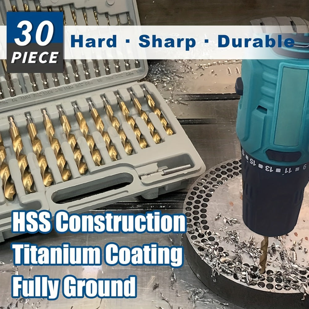 Titanium HSS Drill Bit Set 30PCS Hex Shank Quick Change 1/16 to 1/2 Inch for Metal Wood Plastic Hand Drilling Electric Screwdriver Drill Press Round Shank Twist Bits