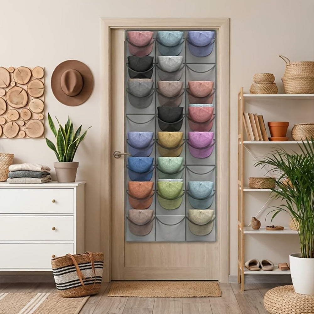 Over the Door Hat Organizer 24 Pocket - Baseball Cap Rack with Large Clear Pockets and 3 Hooks for Hat Storage Protection and Display in Closet