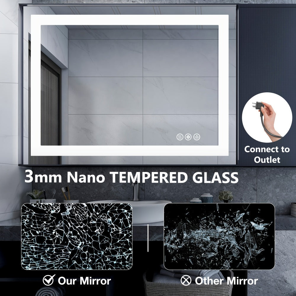 LED Bathroom Mirror with Anti-Fog ¨C Dimmable Vanity Mirror, 3 Color Lighting Modes, Dual Light Source, Wall Mounted Horizontal or Vertical, Tempered Glass, Multiple Sizes