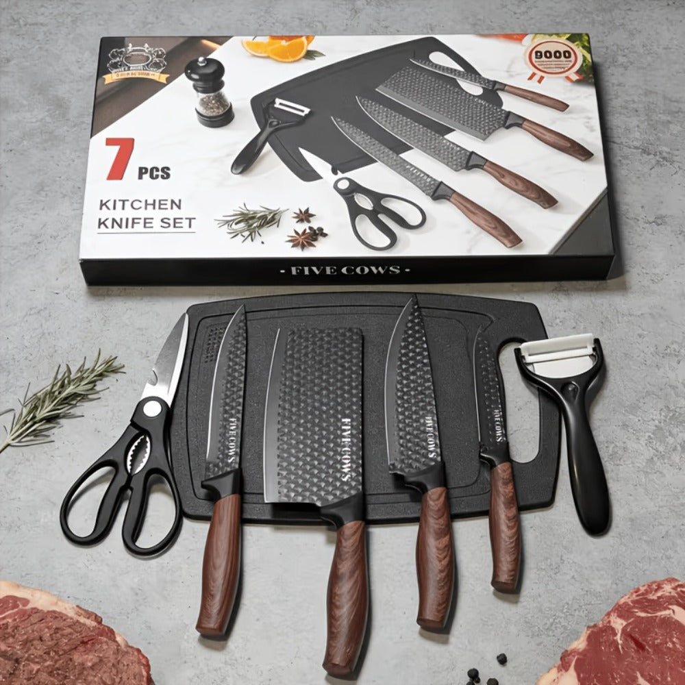 Kitchen Knife Set High Carbon Steel Hand Forged Chef Knives with Case Non-Stick Black Blade Butcher Cleaver Meat Cutting Vegetable Chopping Camping BBQ Outdoor Holiday Gift