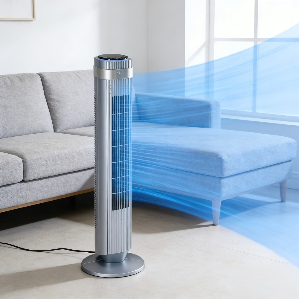 Bladeless Tower Fan with Remote Control, Silent Floor Fan with LED Display 4 Speed Settings & 12-Hour Timer, Quiet Tower Fan for Living Room Bedroom Office, Modern Air Circulator Fan Black White Grey