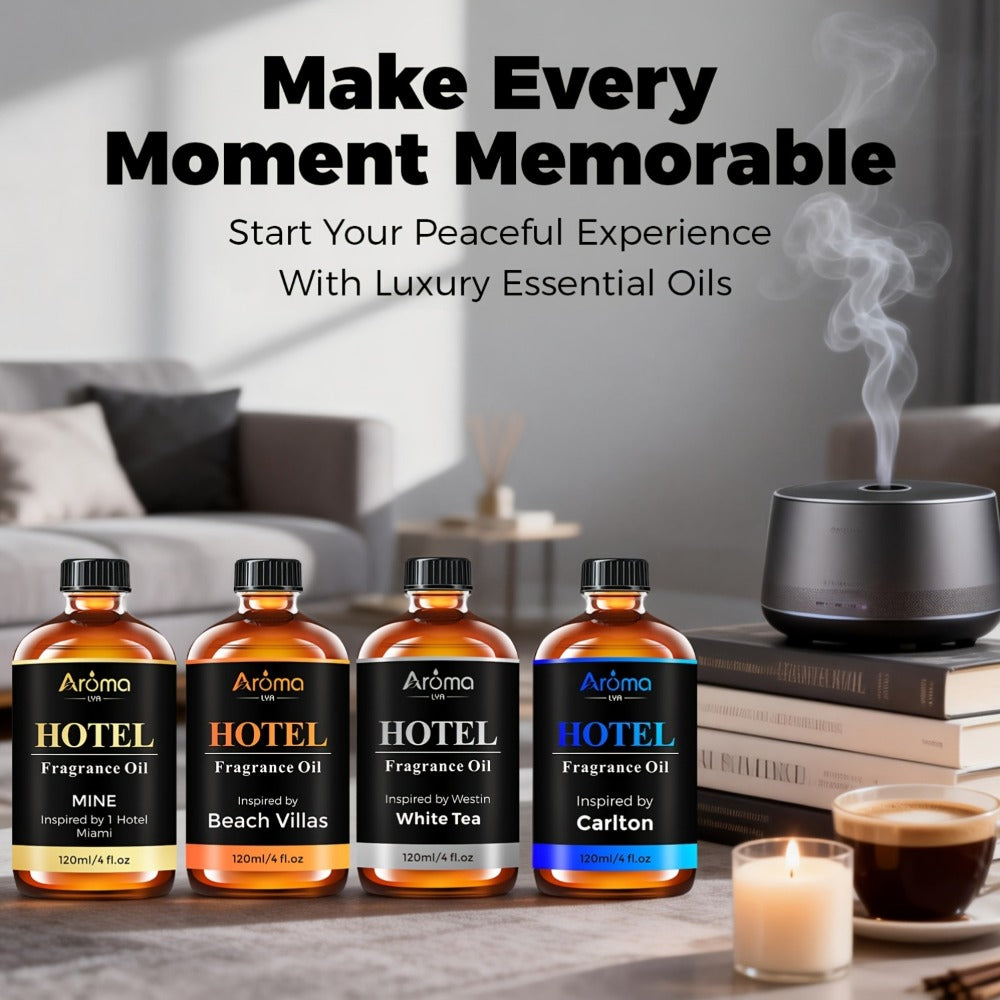 Hotel Fragrance Essential Oil 4oz/120ml ¨C Luxury Scent for Diffuser, Humidifier, Candles & Perfume | White Tea, CapriBreeze, MINE, Beach Villas, R-C Hotel