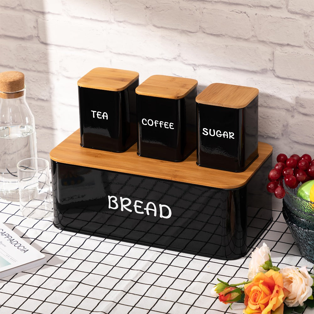 Bread Box with 3 Jars Set for Kitchen Countertop ¨C Metal Bread Box with Bamboo Board Cover, Coffee Sugar Tea Canisters, Large Capacity Farmhouse Food Storage Organizer