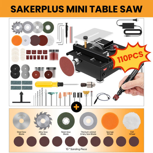 100W Electric Mini Table Saw with Woodworking Pen Set, 7-Speed & Angle Adjustable, 16mm Max Cutting Depth, Precision Crafts Model Making DIY Jewelry Home Projects, Great Gift for Men & Beginners