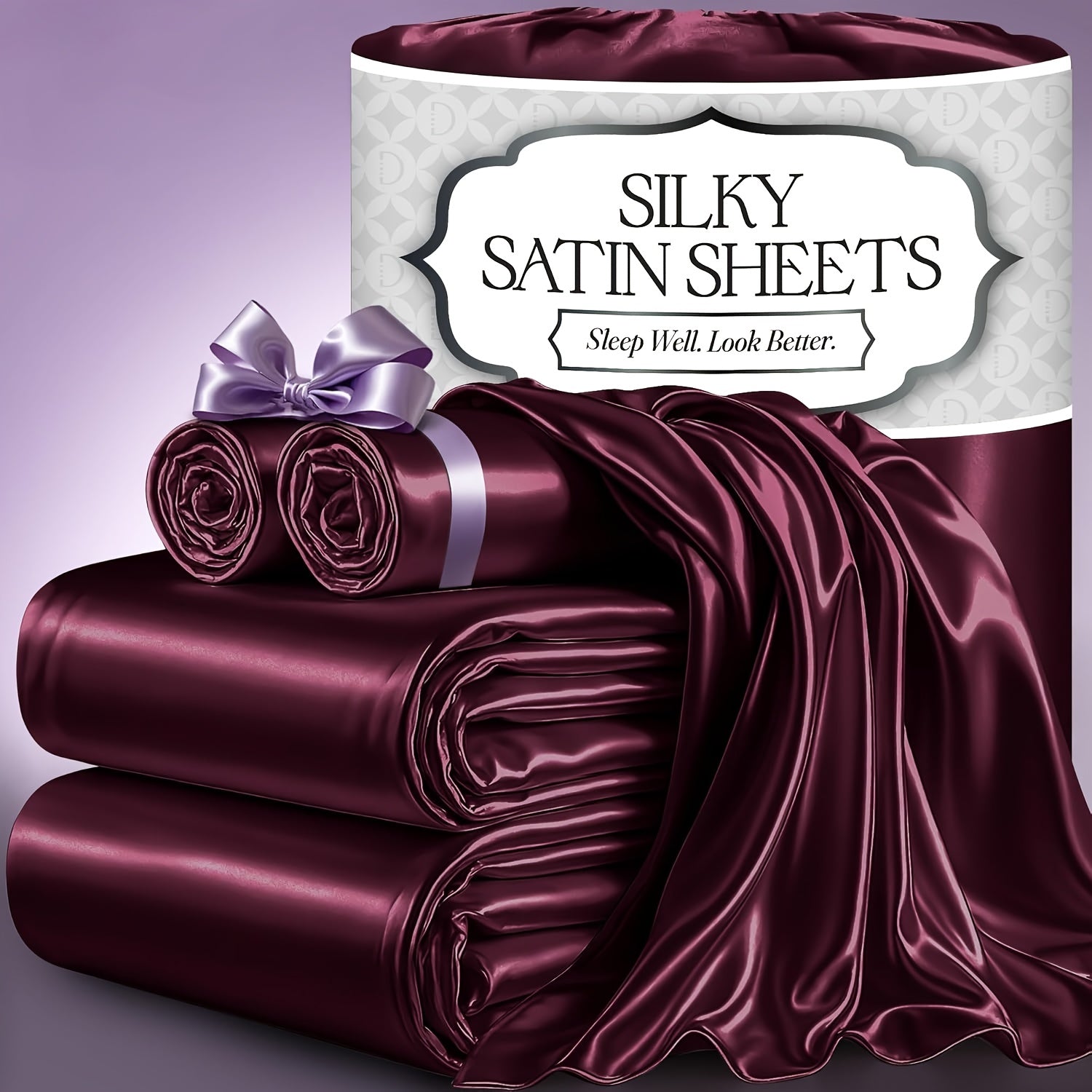 Satin Bed Sheet Set 4-Piece, Cooling Silky Soft Microfiber Sheets with Deep Pocket Fitted Sheet, Flat Sheet & 2 Pillowcases, Breathable Lightweight Bedding for Twin Full Queen King
