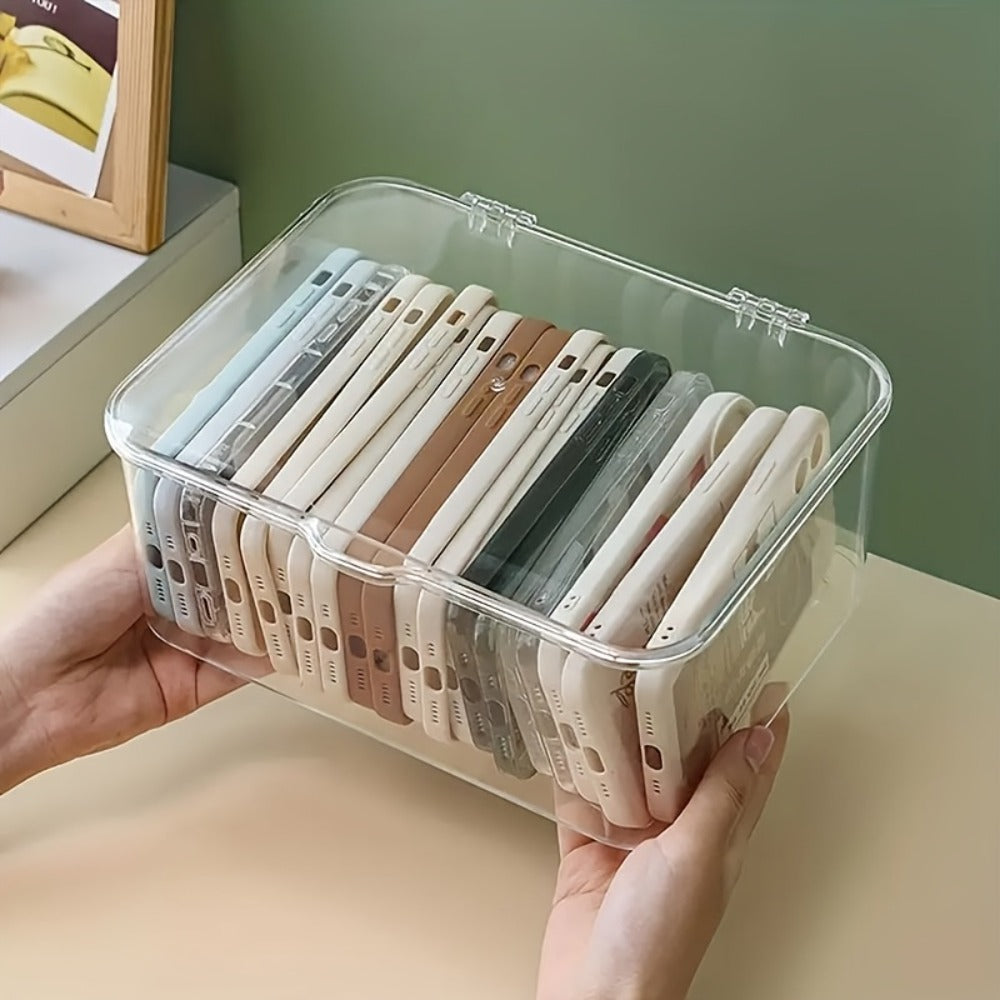 Clear Acrylic Desktop Organizer with Lid - Phone Case Storage Basket for Home Office Desk Organization