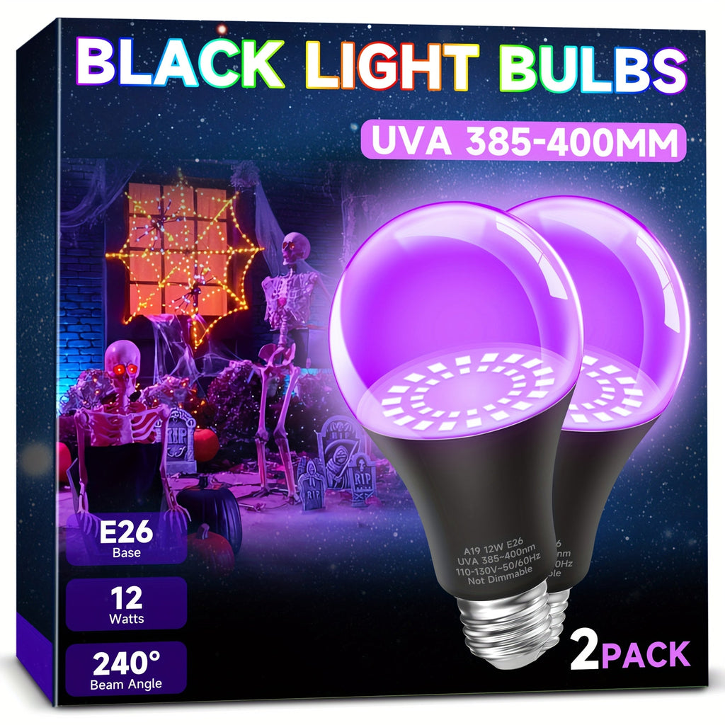 UV Black Light Bulbs 12W LED UVA 385-400nm - Glow in the Dark Party Blacklight Bulb for Halloween, Christmas, Body Paint & Fluorescent Decor, E26 Base