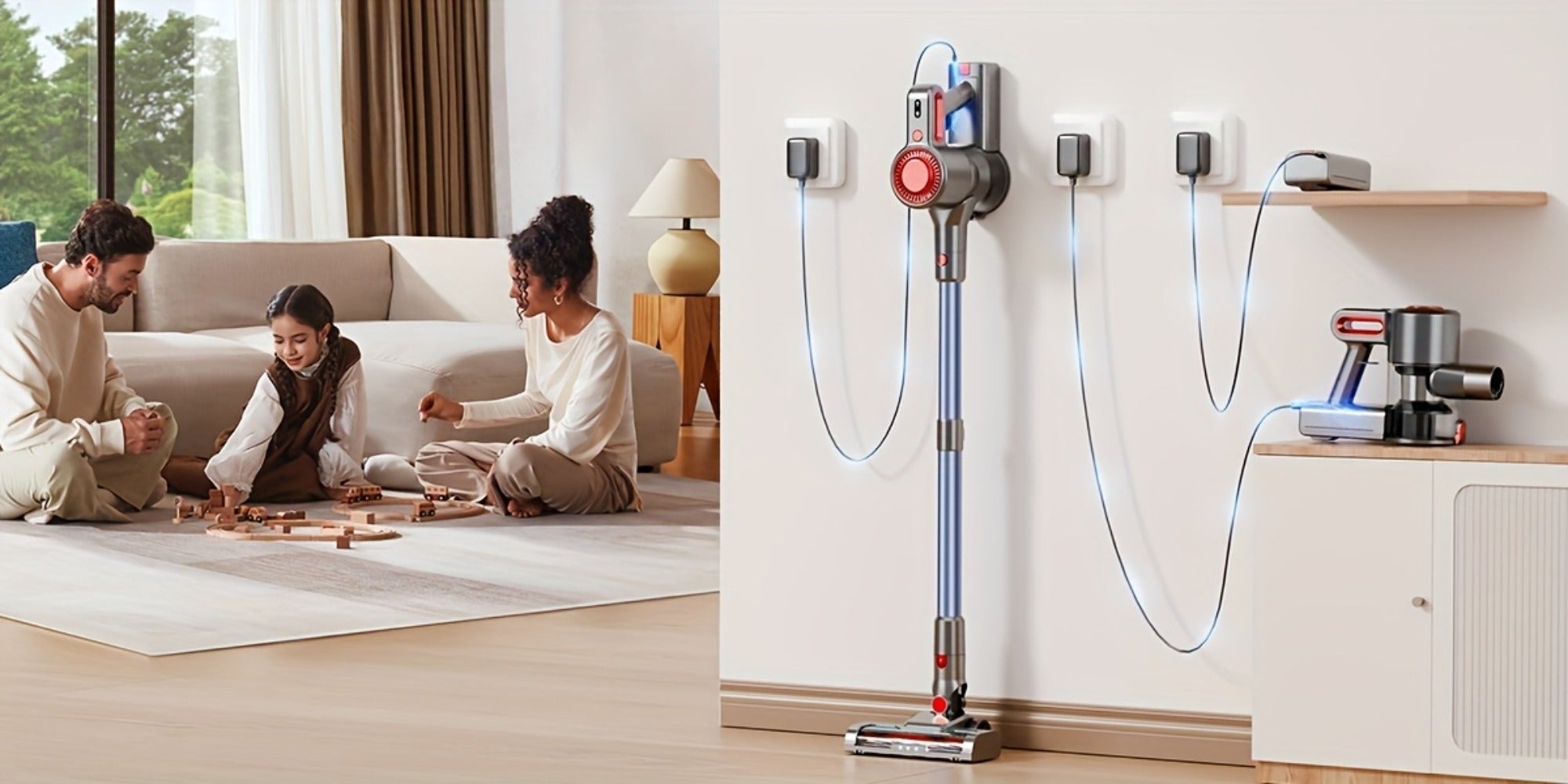 Anti-Tangle LED Vacuum Cleaner 55-69Kpa Corded & Cordless with Green LED Brush, Removable Battery & Multiple Suction Levels - Up to 45 Min Runtime for Carpets, Pet Hair & Hardwood Floors, 7 Colors