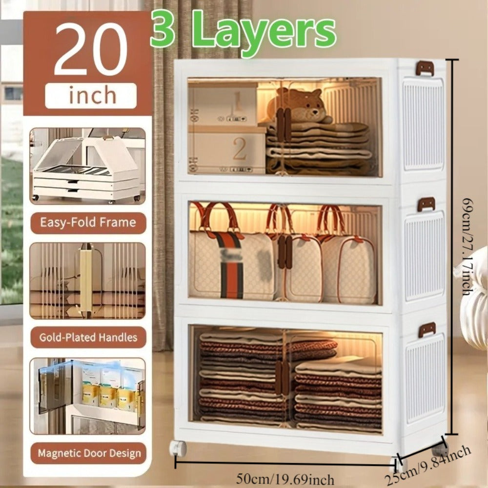 Folding Storage Cabinet 1-6 Tier Collapsible Stackable Organizer with Wheels and Lids - Extra Large Foldable Storage Locker for Closet Bedroom Office Kitchen 50CM Wide