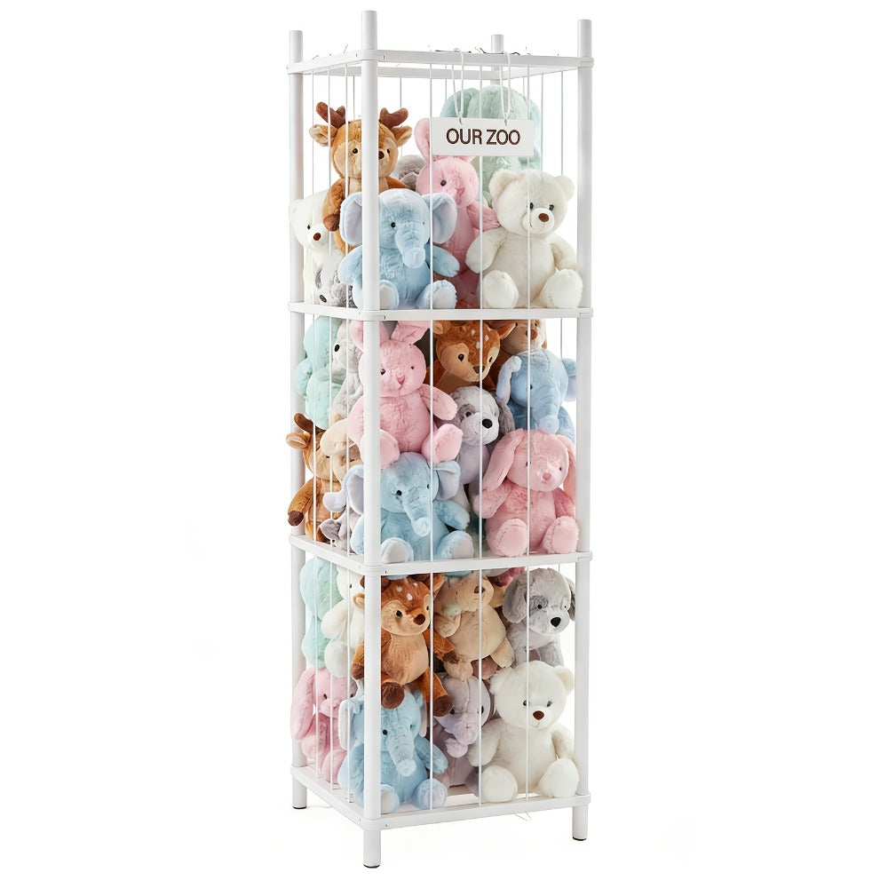 Wooden Stuffed Animal Storage Organizer for Kids Large Plush Toy Holder Zoo Space Saving Display Rack for Playroom Bedroom Nursery Natural White Pink