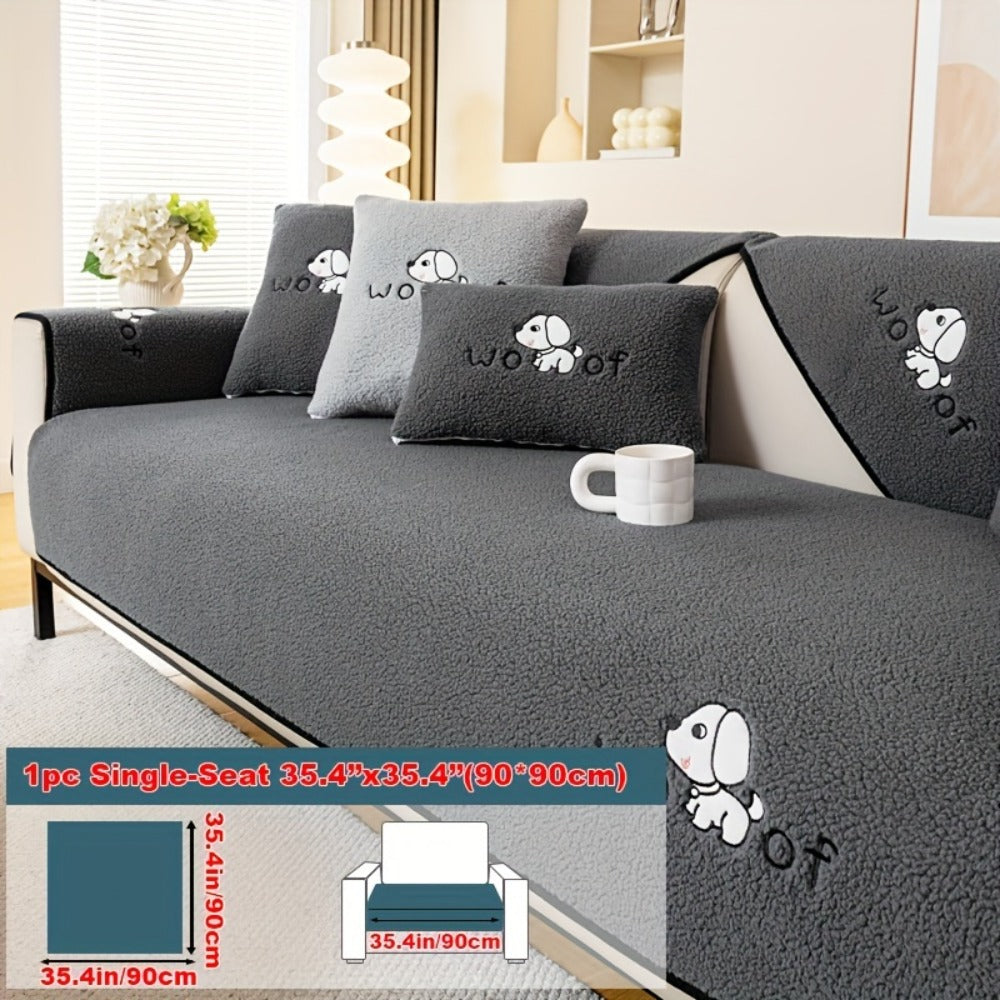 Sherpa Plush Sofa Cover Non-Slip | Thick Fleece Couch Protector, Pet Friendly Furniture Shield, 1 to 4 Seat, Armrest Backrest Pillowcase, Deep Gray Light Gray Coffee Off White