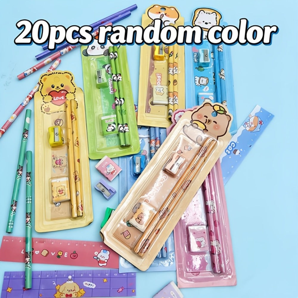 20-Piece Cartoon Pencil Stationery Set with Ruler Eraser Sharpener, Random Cartoon Styles, Kids School Supplies, Party Favor Prizes, Festival Gift Set for Students