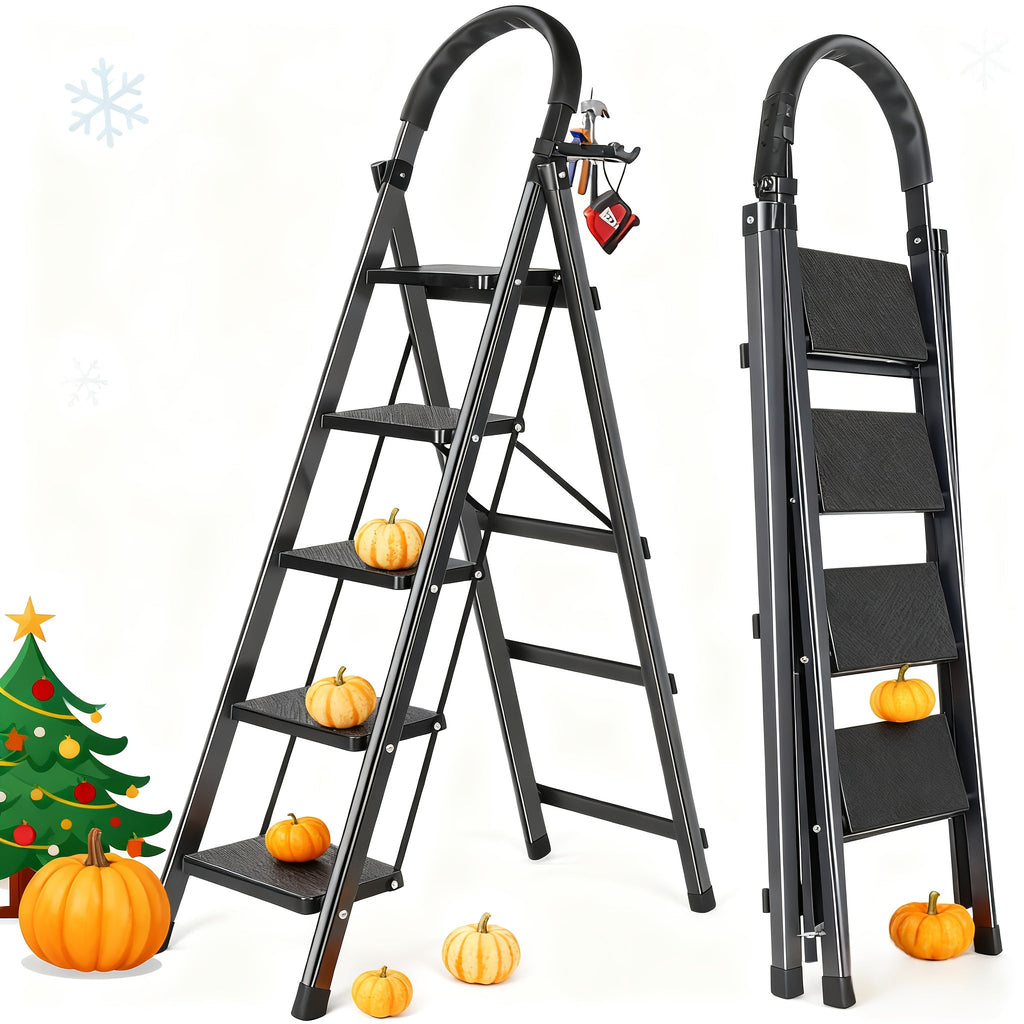 Folding Step Ladder 3 / 4 / 5 Step with Anti-Slip Pedal & Tool Tray ¨C 450 LBS Capacity Portable Steel Step Stool for Adults, Home, Kitchen, Library & Office Use ¨C Red & Black Options