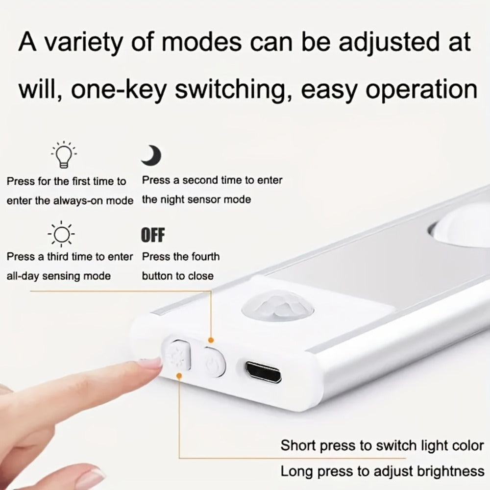 Motion Sensor LED Strip Light USB Rechargeable ¨C 3-Color Dimmable Wireless Night Light for Kitchen, Wardrobe, Cabinet, Shoe Cabinet & Bedroom (20cm / 30cm / 40cm / 50cm, 1 or 2 Pack)