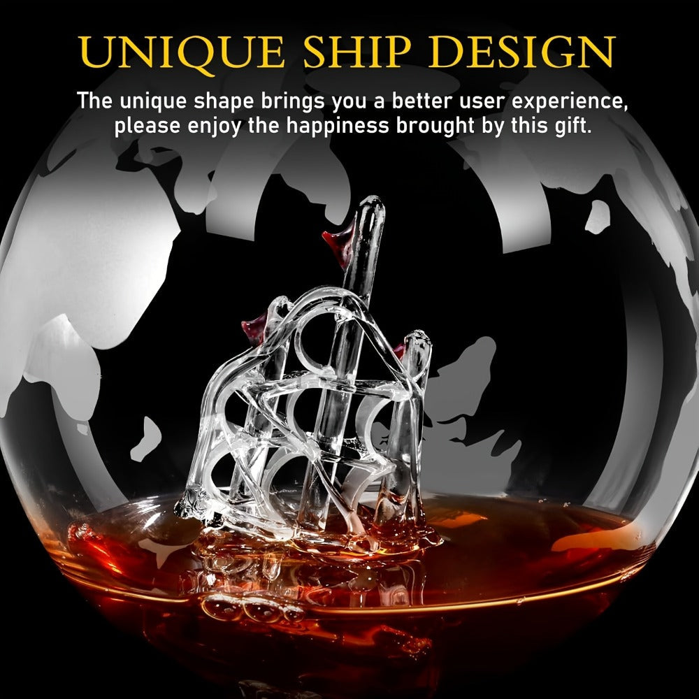Whiskey Decanter Set with Glasses and Wooden Stand Ball Globe 28oz or Sailboat 44oz Etched Crystal Glass Cups for Whiskey Bourbon Scotch Birthday Wedding Anniversary Gift